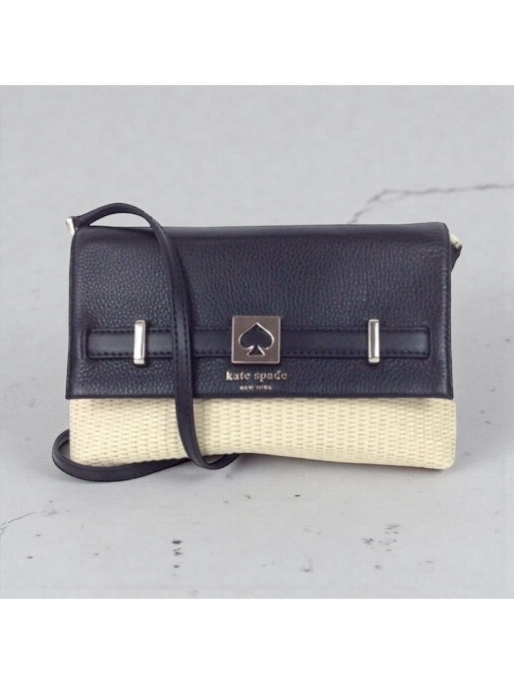 Kate Spade Houston Street Loula Straw Crossbody Black Leather Trim Flap Bag